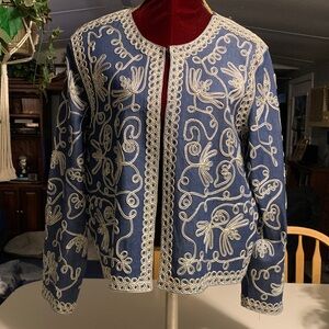 Navy Blue Embroidered Open-Front Jacket with Cream Trim